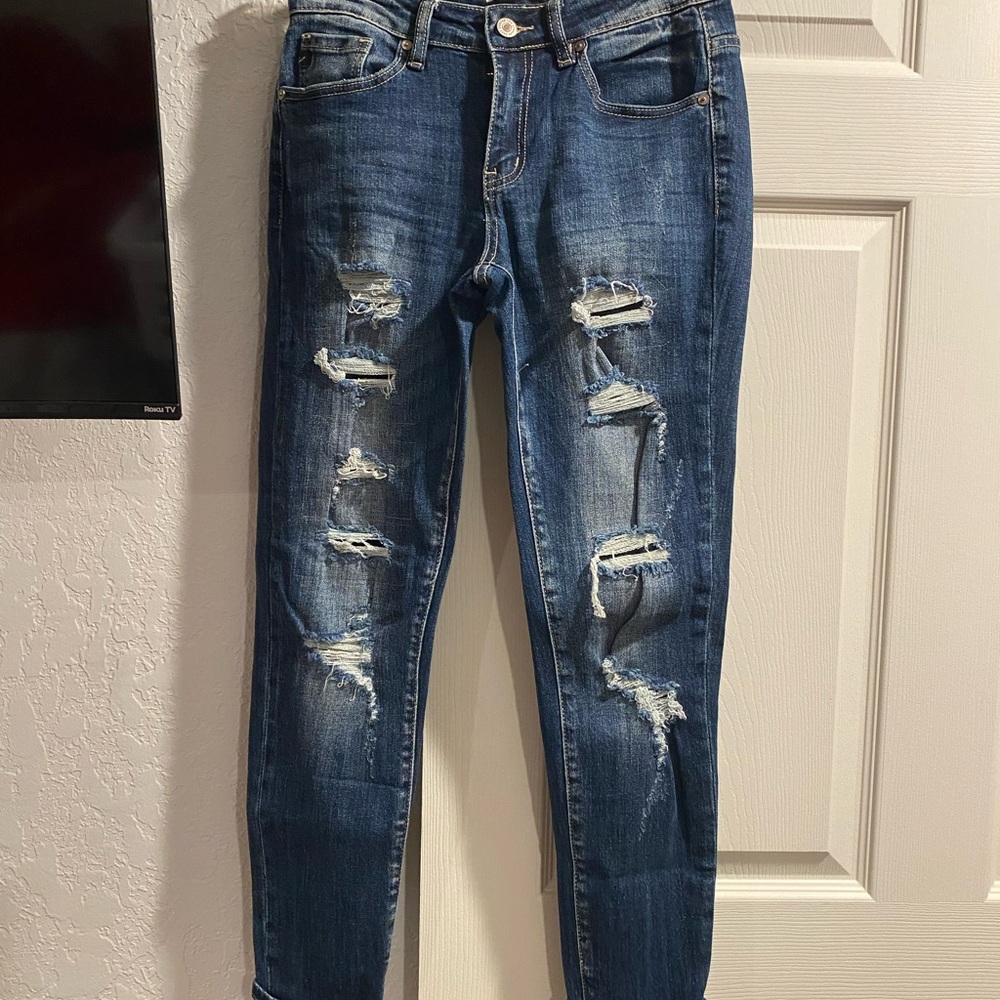 KanCan Medium-Wash Skinny Jeans with Distressed Details